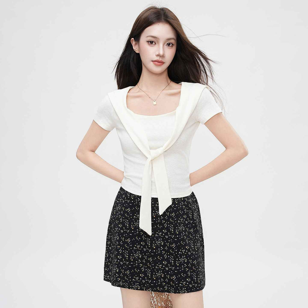 False Two-Piece Design Shoulder Cape V-Neck Short Sleeve T-Shirt Women's Unique Fitted Crop Top - MODALIFE