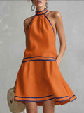Choker Neck Fashion Short Dress with Striped Trim, Comfortable Sleeveless Fitted Dress - MODALIFE