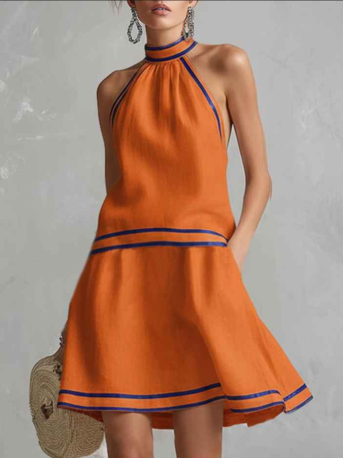 Choker Neck Fashion Short Dress with Striped Trim, Comfortable Sleeveless Fitted Dress - MODALIFE