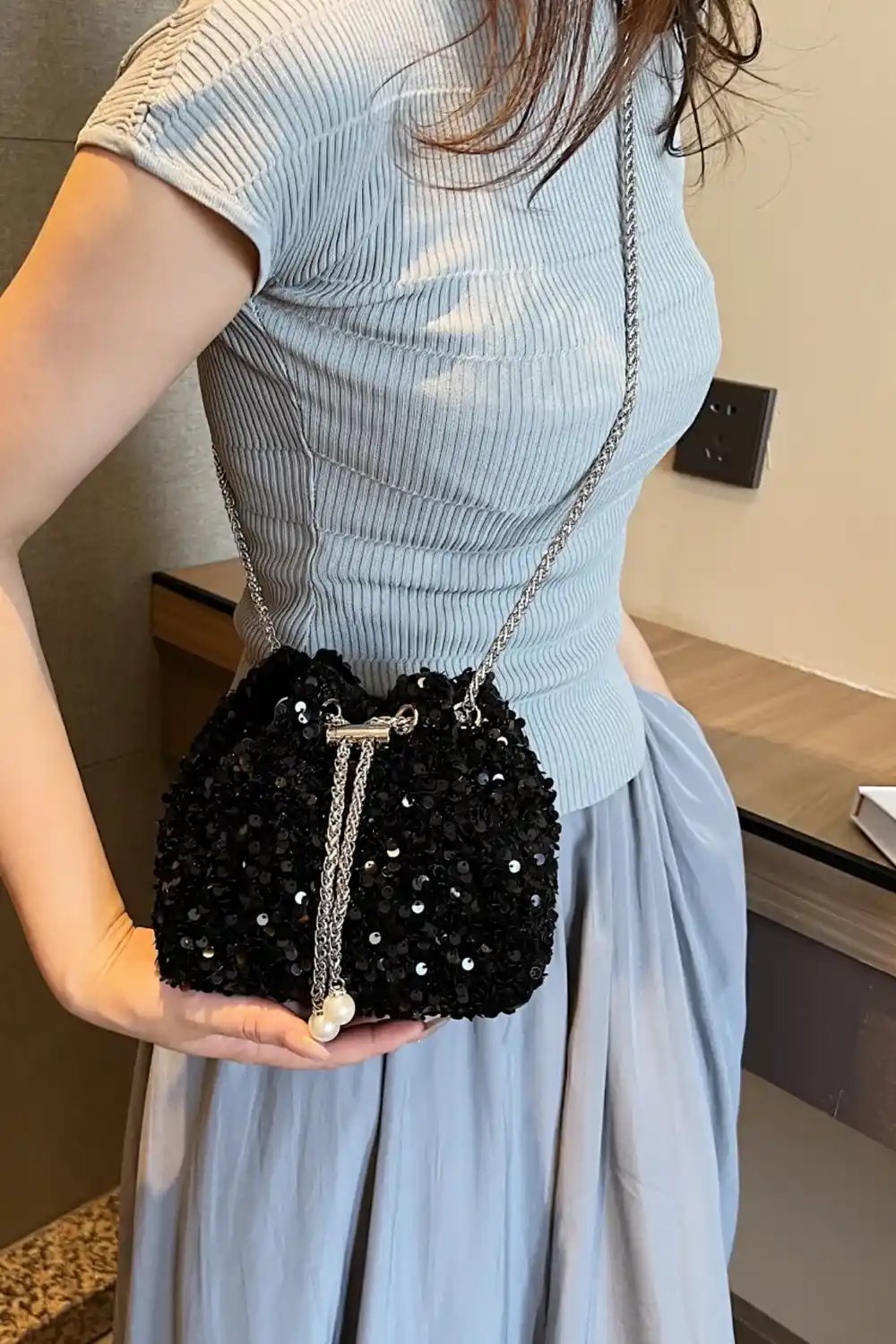 Sequin Chain Drawstring Bucket Bag - MODALIFE