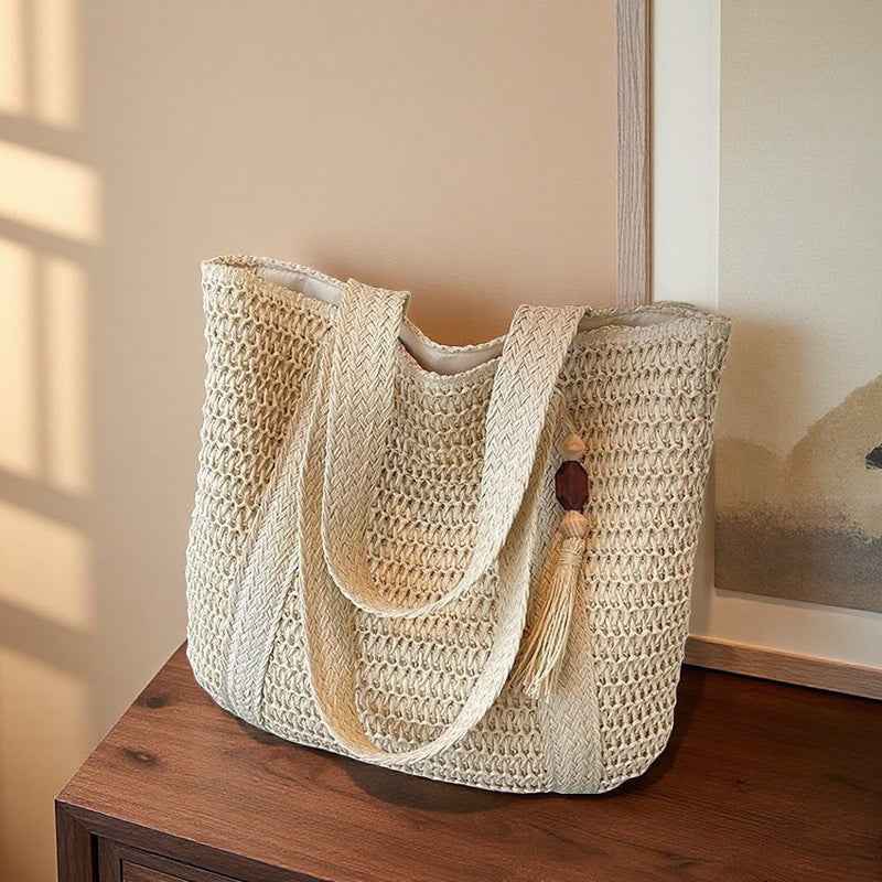 Large capacity commuting straw woven bag hand-held woven vacation style beach shoulder bag