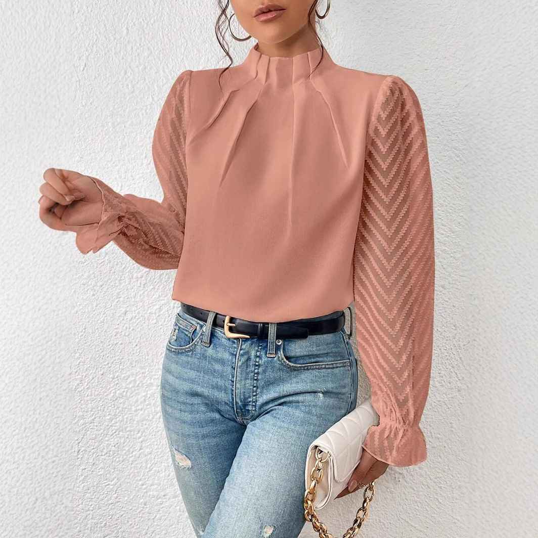 Autumn Winter New Women's High Neck Spliced Wave Pattern Chiffon Long Sleeve Top - MODALIFE