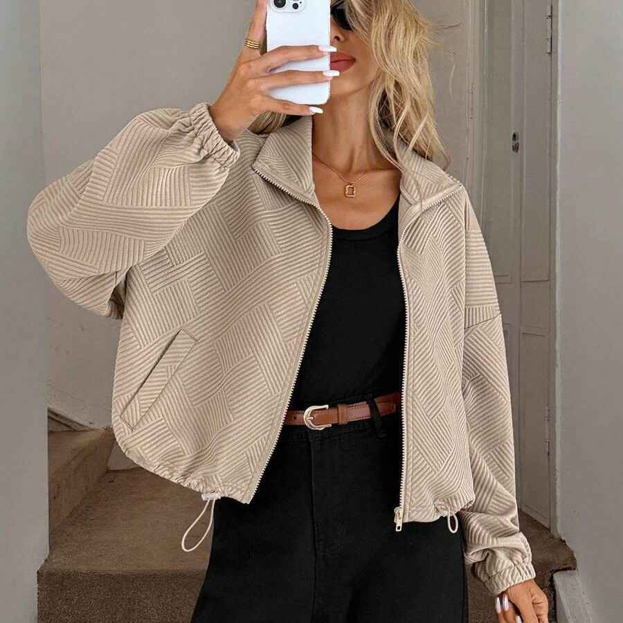 High neck zipper hem drawstring pocket women's loose jacket - MODALIFE