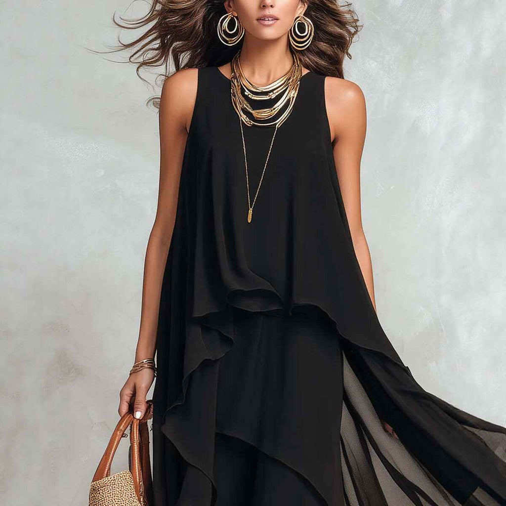 Chic Flowy Black Sleeveless Asymmetrical Chiffon Long Dress - MODALIFE