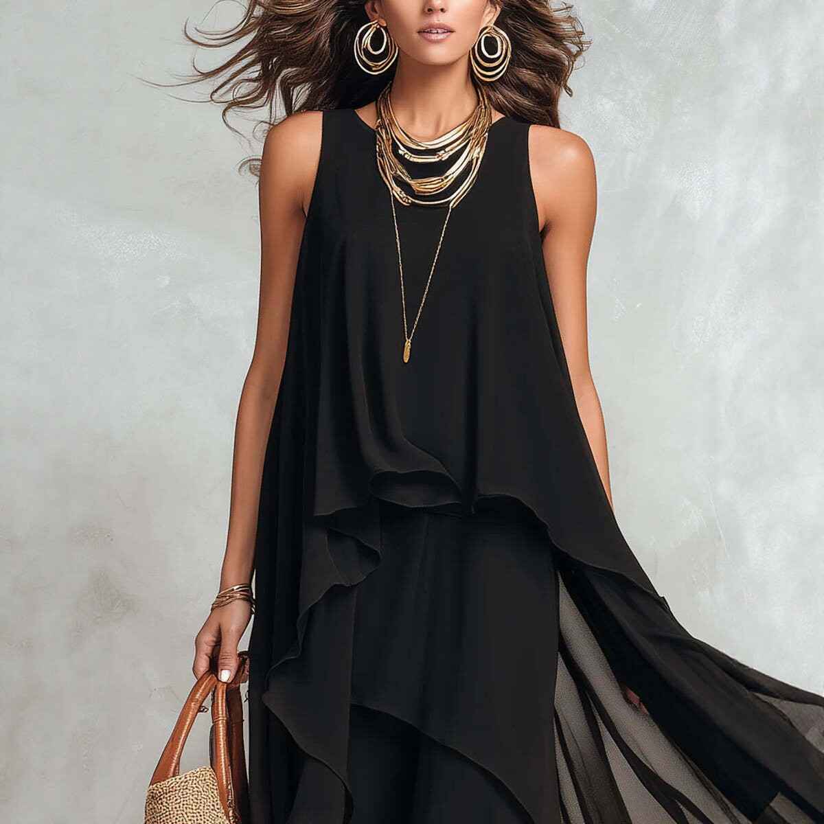 Chic Flowy Black Sleeveless Asymmetrical Chiffon Long Dress - MODALIFE