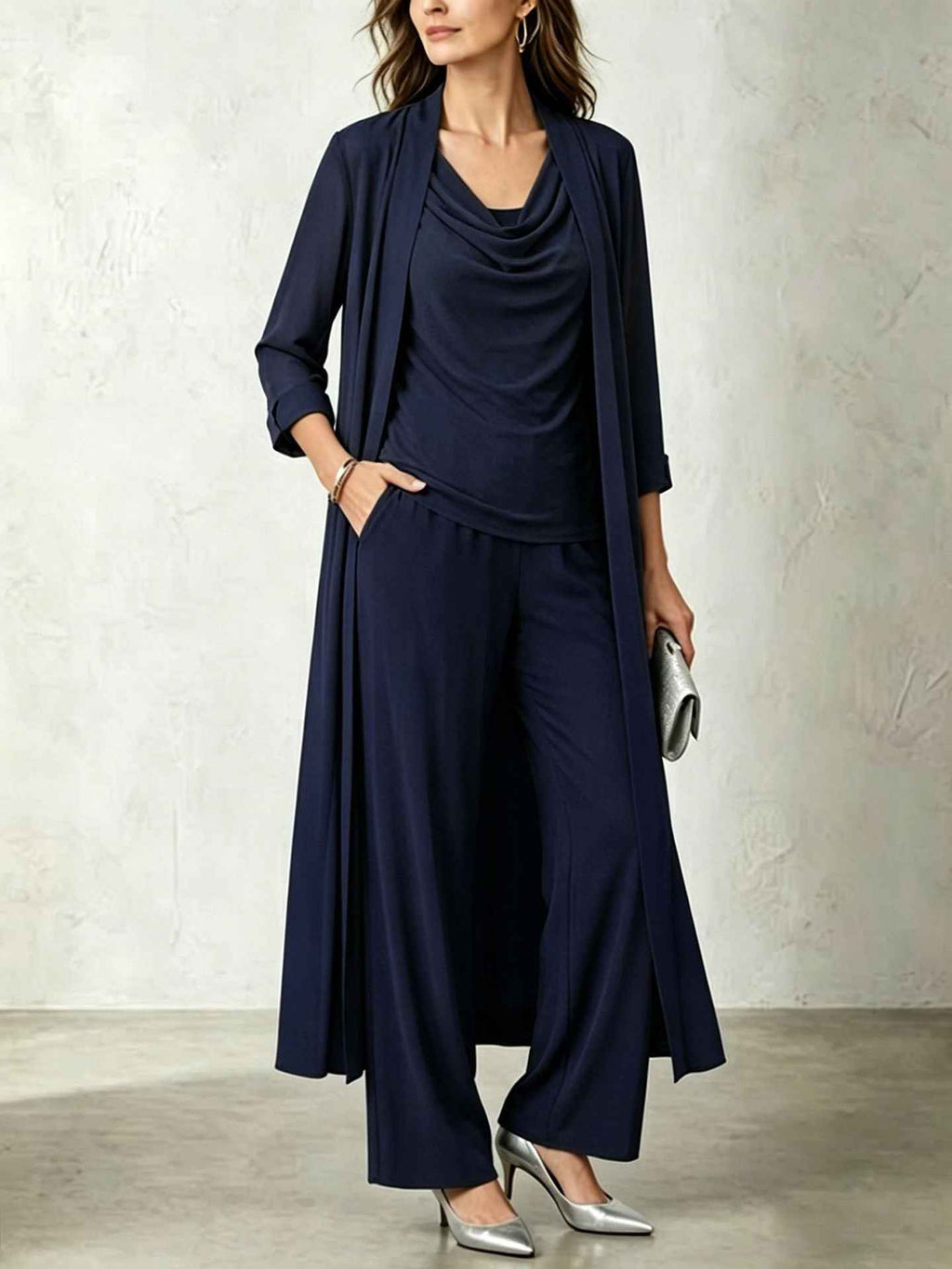 Long sleeved swing collar top long cardigan jacket long pants three piece set - MODALIFE