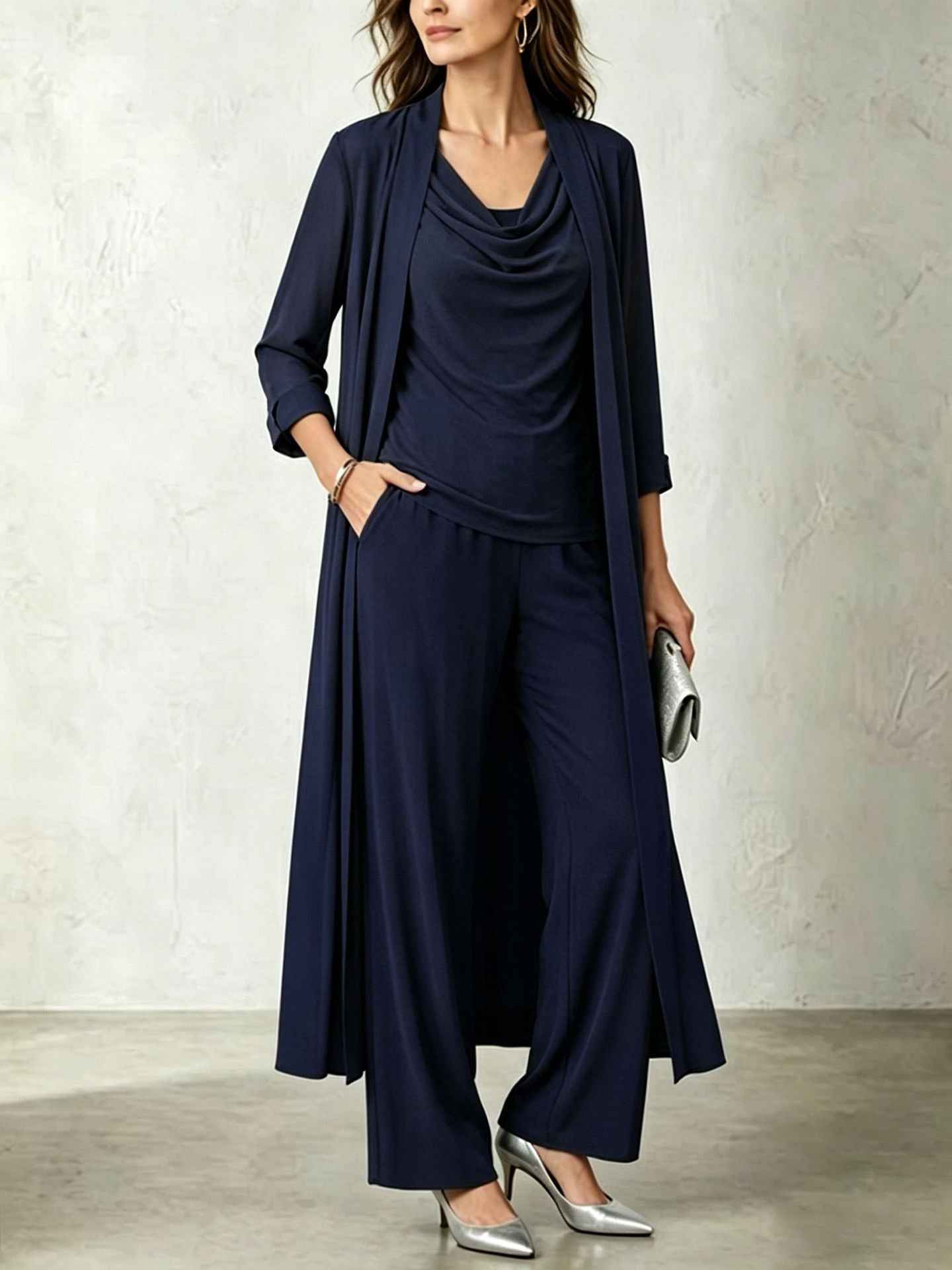 Long sleeved swing collar top long cardigan jacket long pants three piece set - MODALIFE