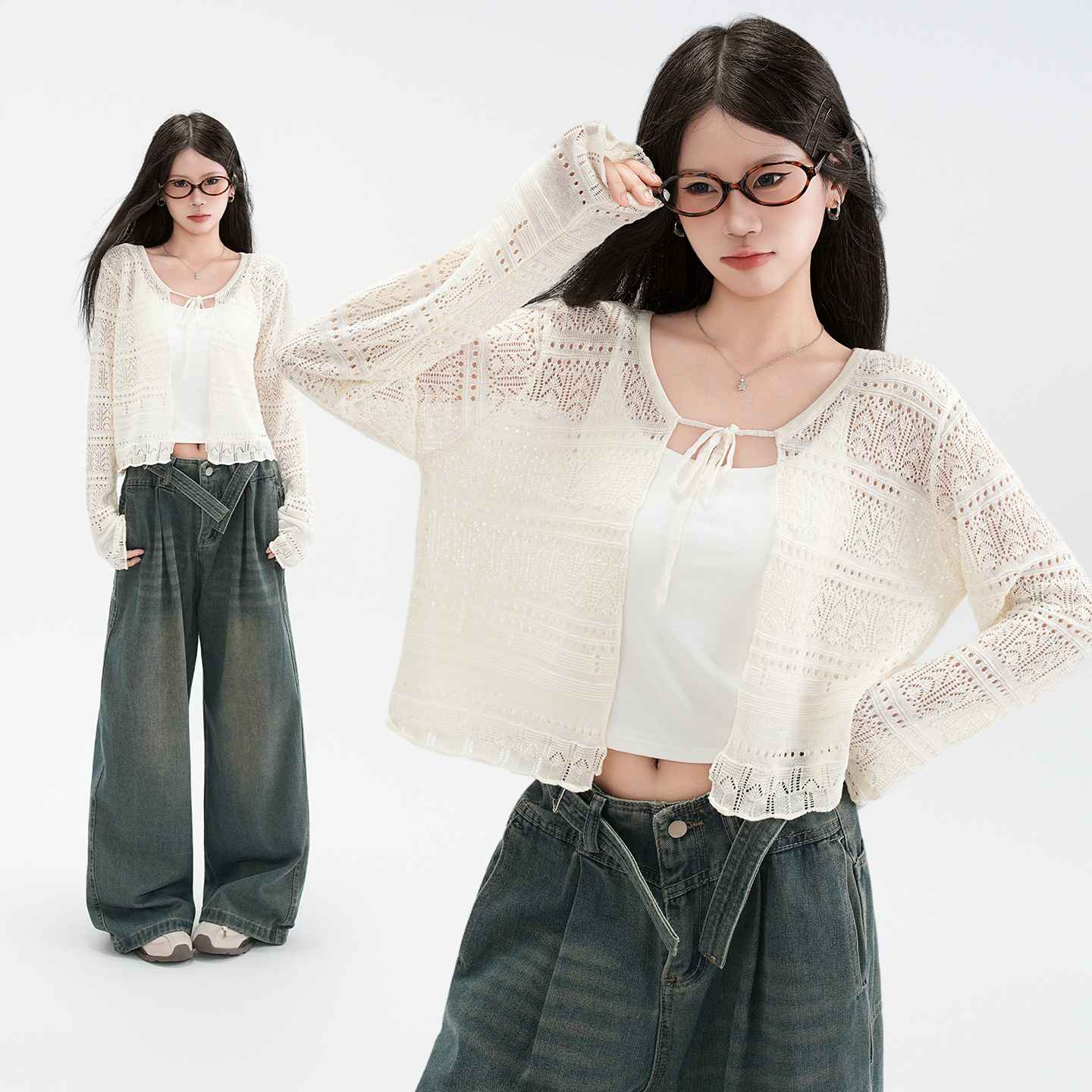 Hollow Linen Knit Cardigan for Women Lightweight Tie-Back Long Sleeve Shawl Cover-Up Top