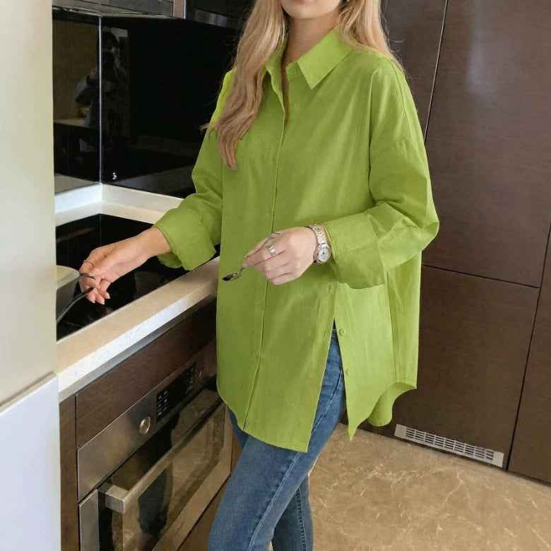 New women's solid color long sleeved shirt with button side slit - MODALIFE