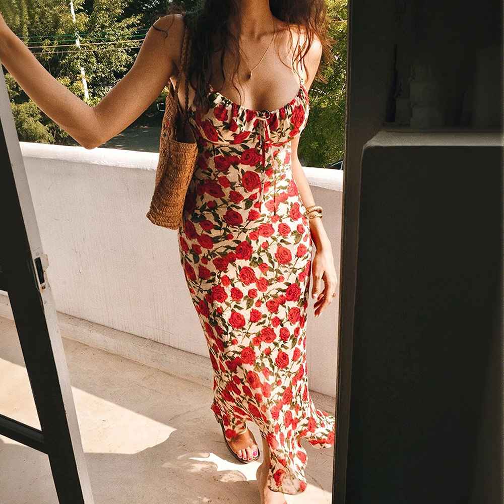 Romantic Vintage Beach Vacation Style Tie-Waist Floral Wrap Bodice Fitted Long Strap Dress - MODALIFE