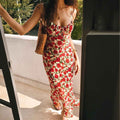 Romantic Vintage Beach Vacation Style Tie-Waist Floral Wrap Bodice Fitted Long Strap Dress - MODALIFE