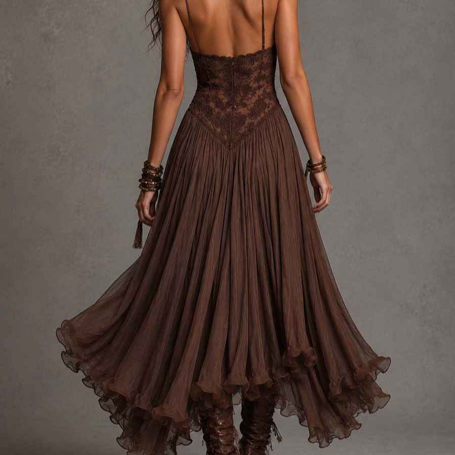 Chiffon Printed Strap Fitted Long Dress, Vintage Flowy Maxi Dress - MODALIFE
