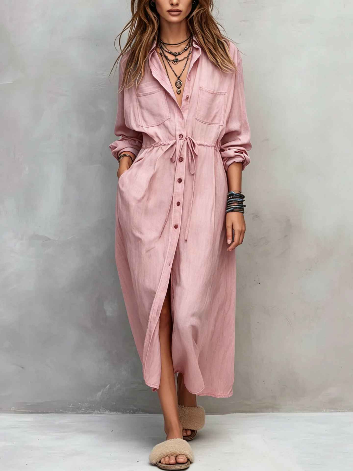 Spring and Autumn Casual Drawstring Waist Shirt Dress Loose Style for Women - MODALIFE