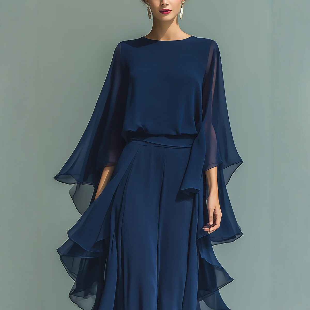 Deep Blue Ruffle Wide-Leg Pants Set for Women, Fashion Elegant Two-Piece Long Sleeve Casual Pants - MODALIFE