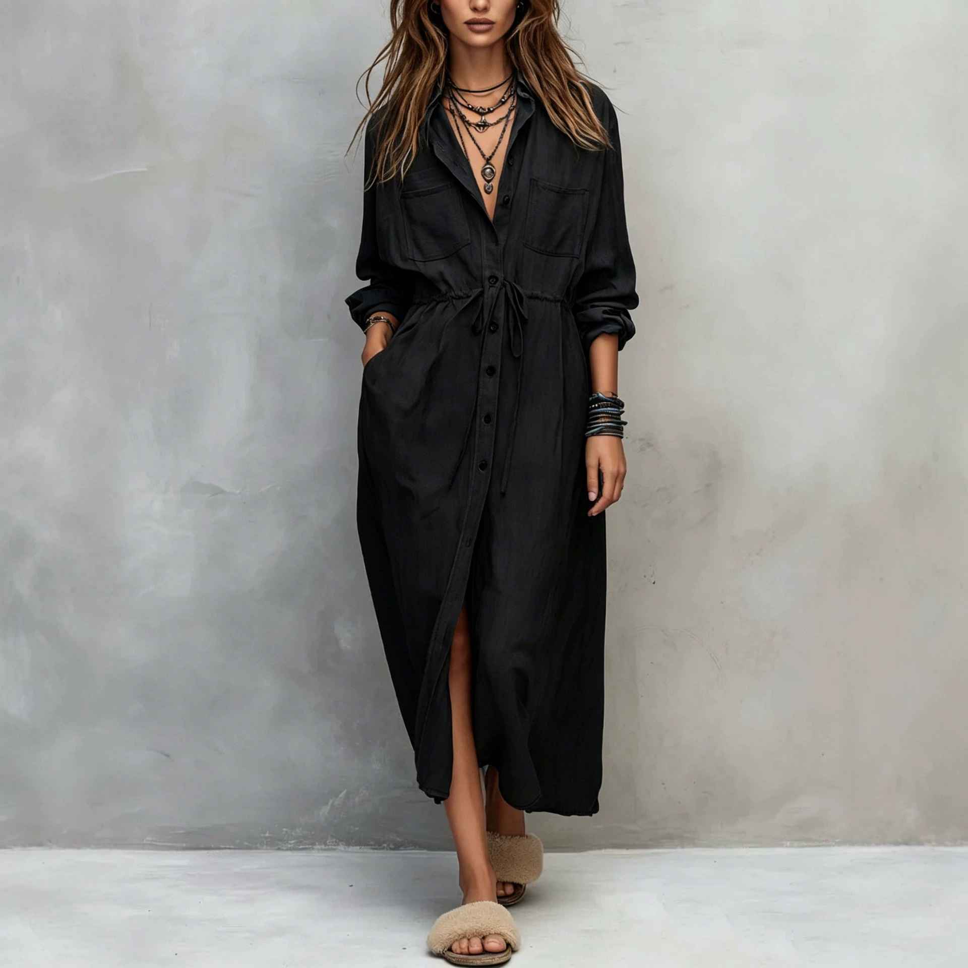 Spring and Autumn Casual Drawstring Waist Shirt Dress Loose Style for Women - MODALIFE
