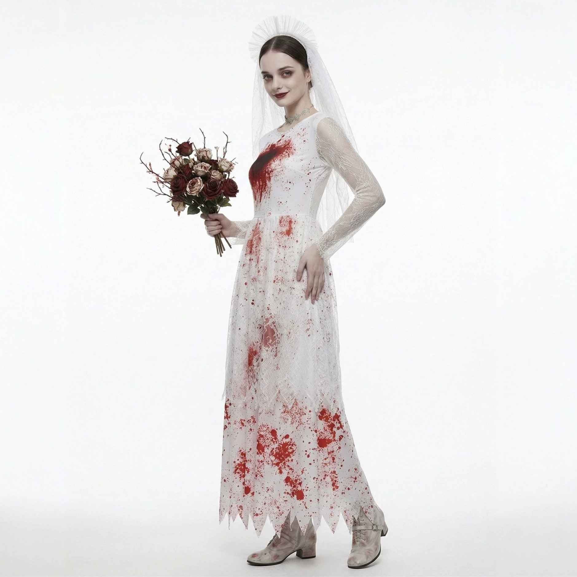 Halloween Dark Bloody Ghost Bride Cosplay Costume, Horror Blood-Stained Wedding Dress for Party and Stage Performance, - MODALIFE