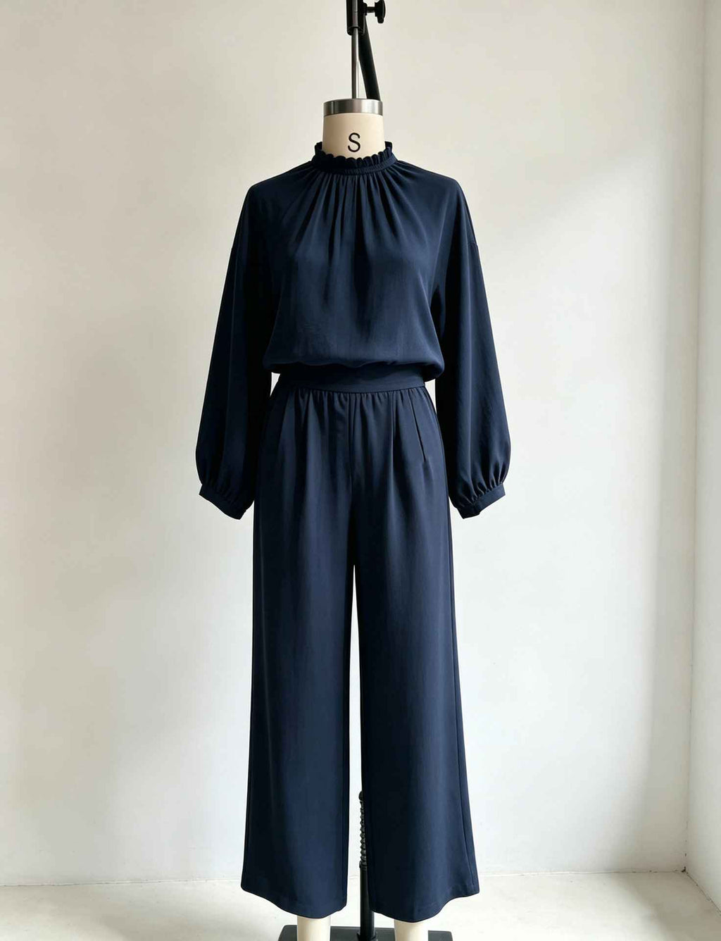 Casual Solid Color Long Sleeve Stand-up Collar Loose Fit Women's Fashion Set BlouseWide-leg Pants - MODALIFE