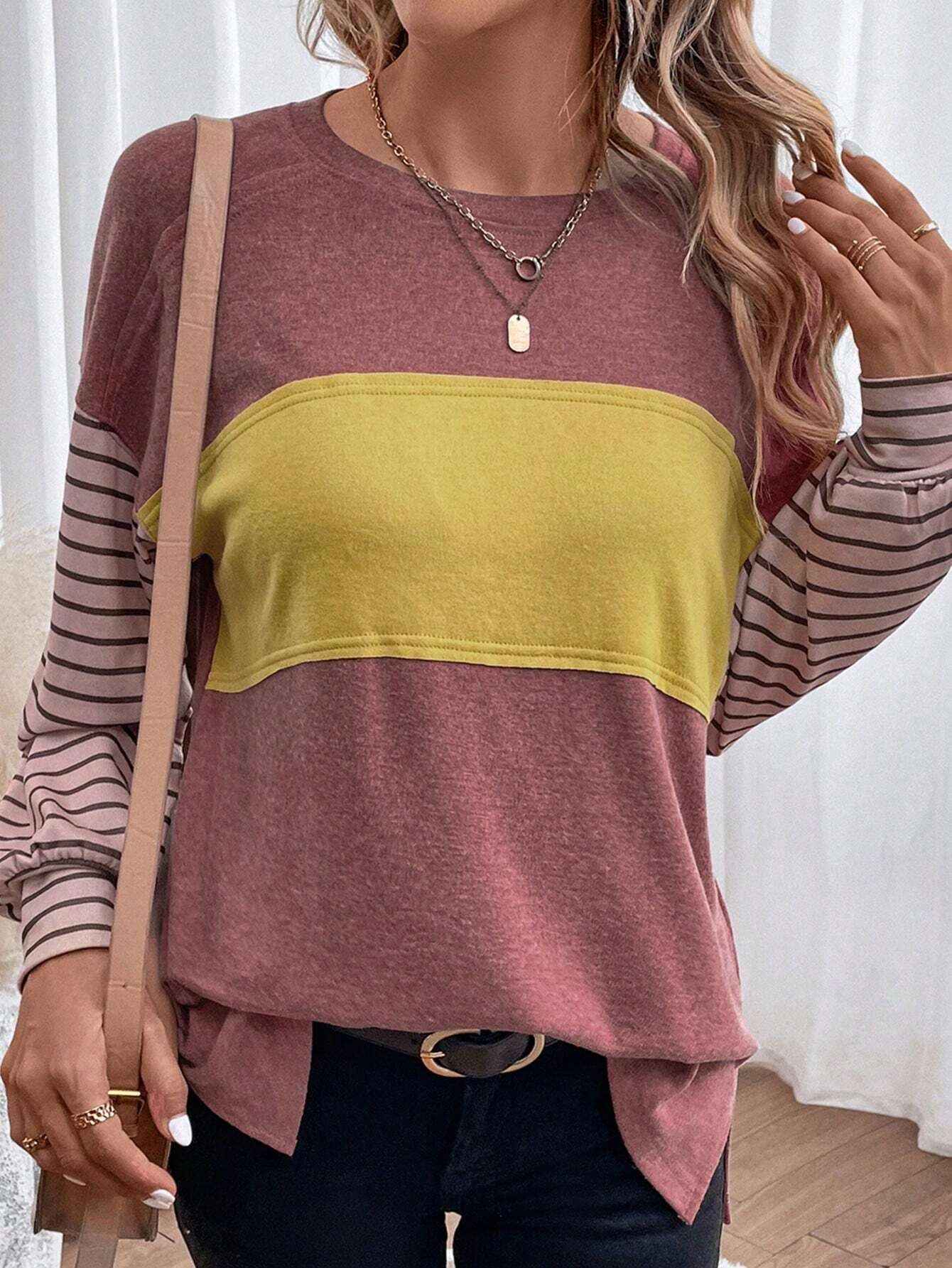 Women's casual color-blocked striped long sleeve round neck pullover t-shirt - MODALIFE