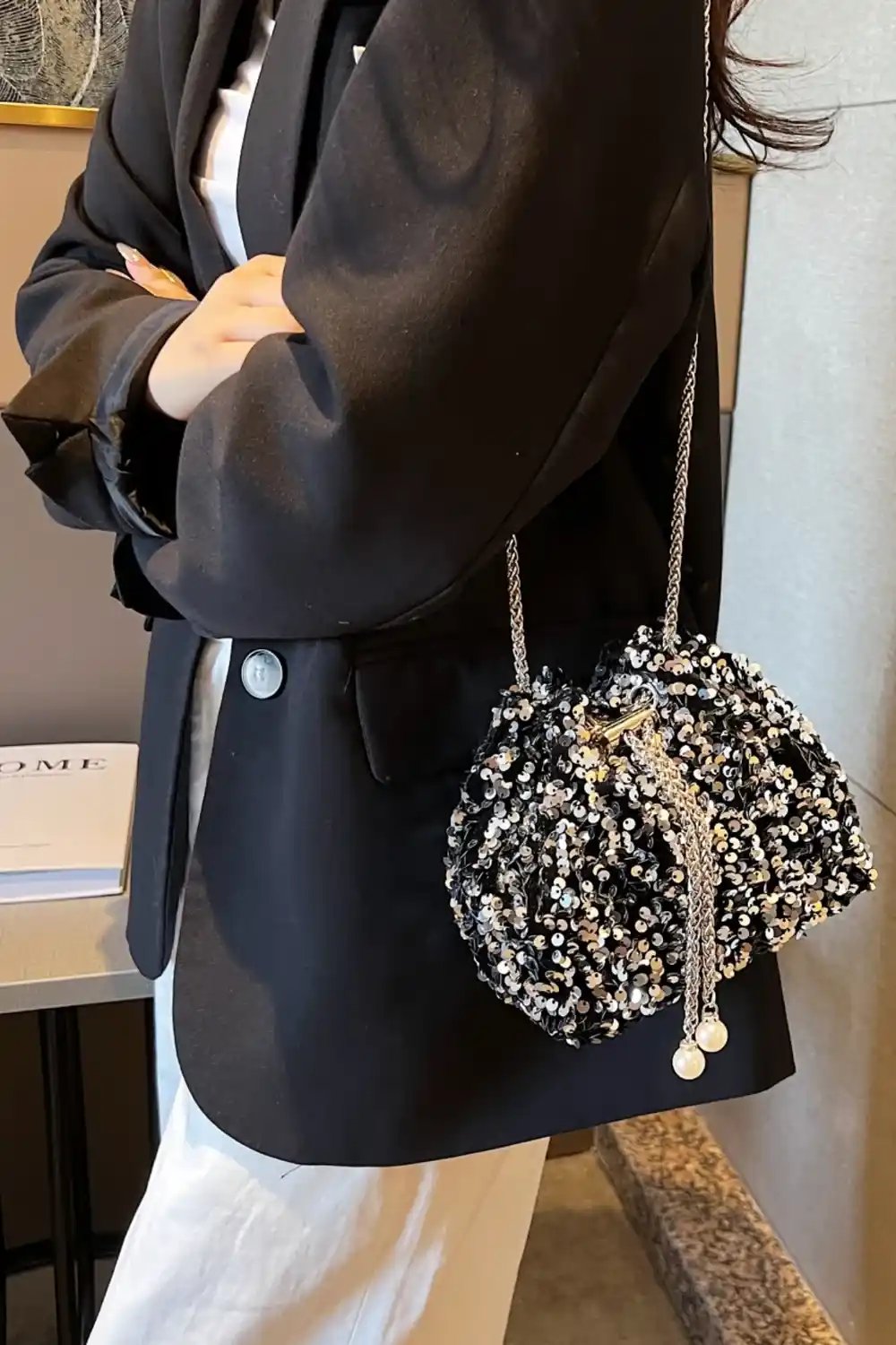 Sequin Chain Drawstring Bucket Bag - MODALIFE