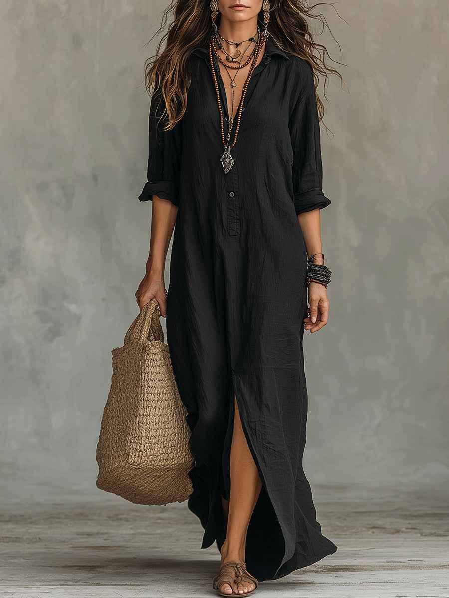 Spring Summer Solid Color Notch Lapel Front Slit Long Dress Casual Shirt Dress Lazy Style - MODALIFE
