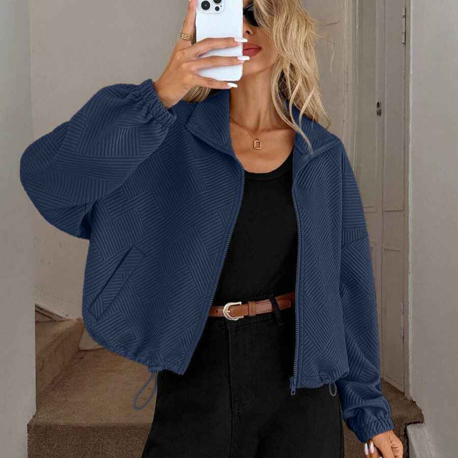 High neck zipper hem drawstring pocket women's loose jacket - MODALIFE