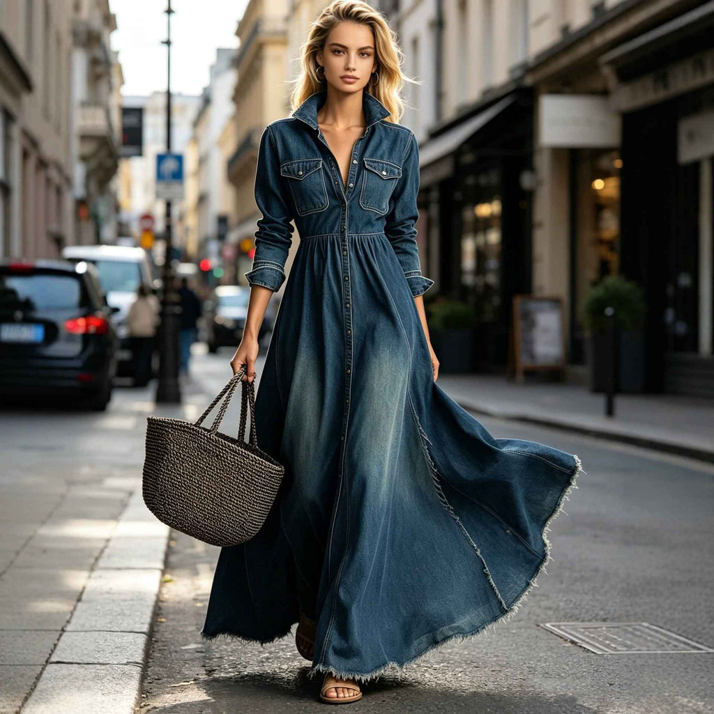 Style Retro Elegant Fitted Long Sleeve Denim Dress with Flared Skirt - MODALIFE
