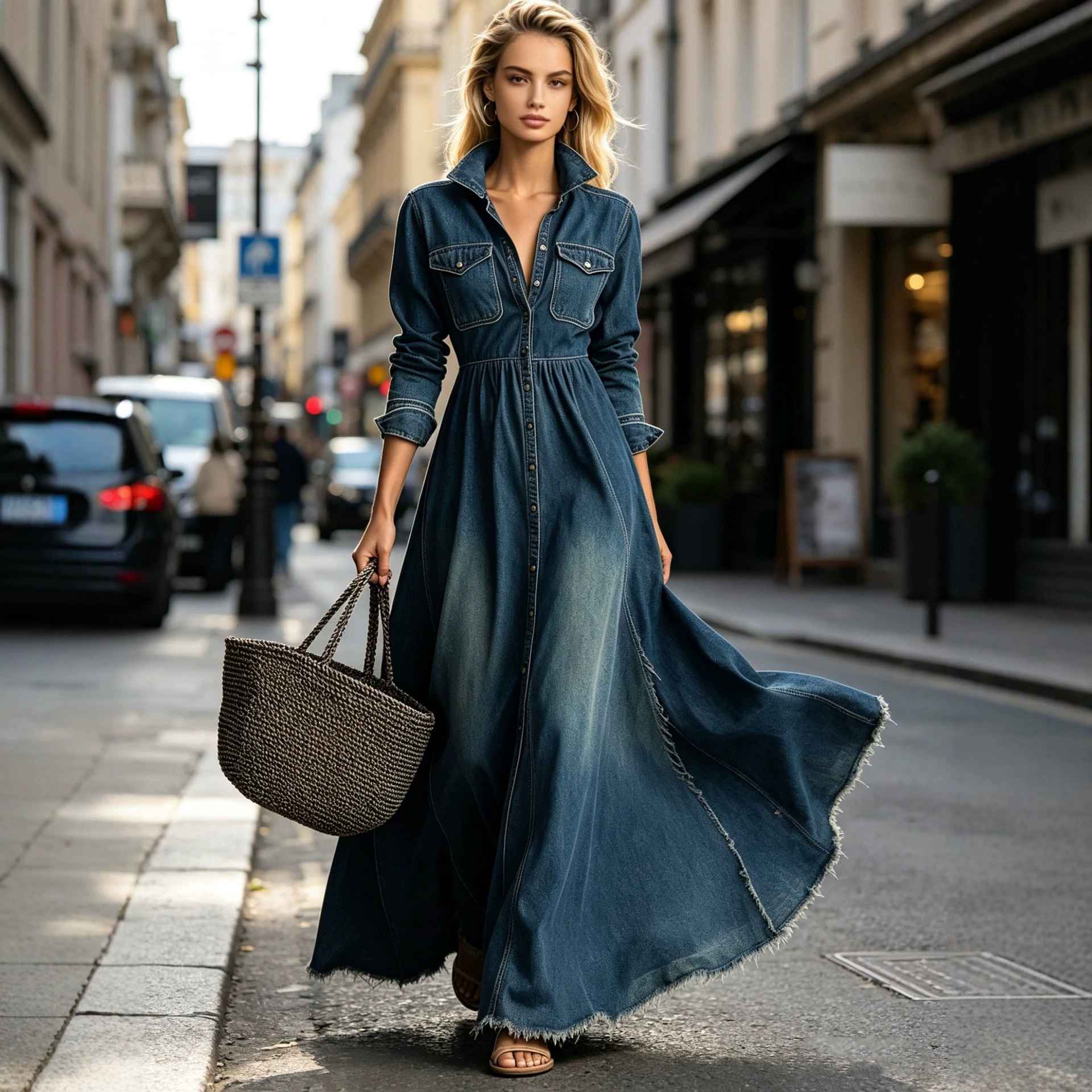 Style Retro Elegant Fitted Long Sleeve Denim Dress with Flared Skirt - MODALIFE