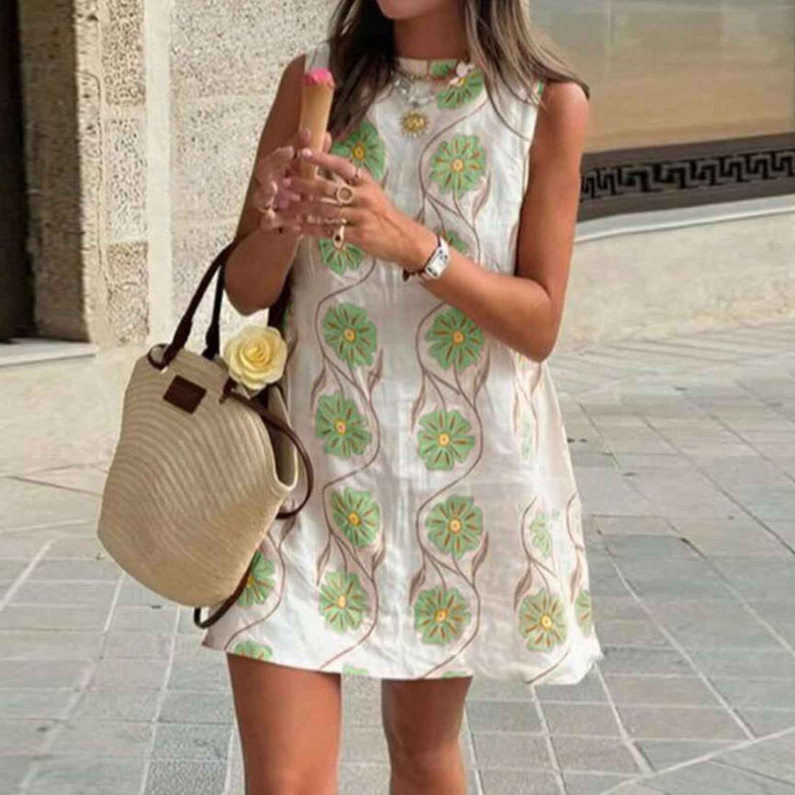 Fashionable Pink Floral Round Neck Sleeveless Vest Dress for Women Casual Summer Style - MODALIFE