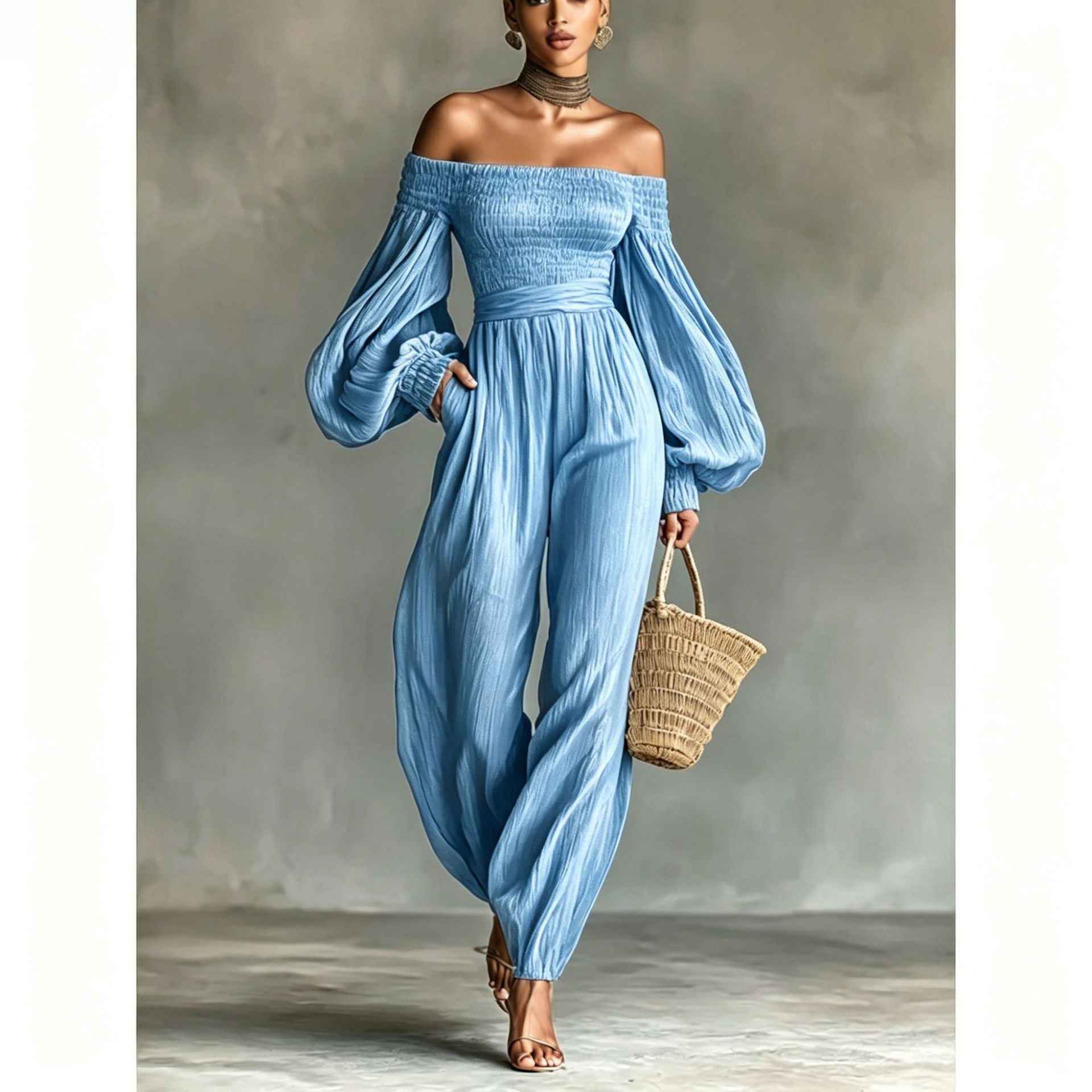 Style Off-Shoulder Lantern Sleeve Pleated Loose Jumpsuit for Women - MODALIFE