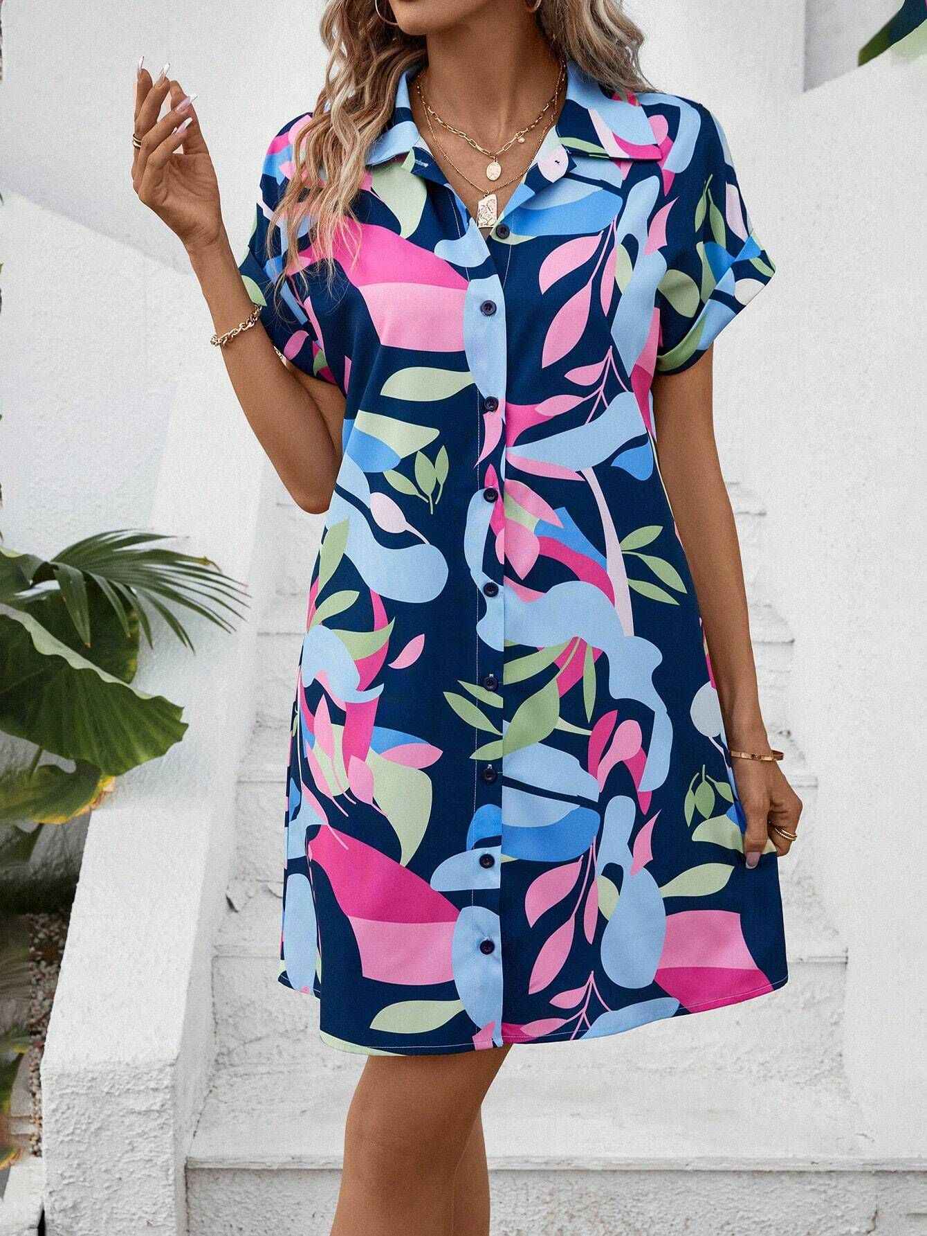 Summer New Fashion Colorful Floral Printed Open Front Short Sleeve Shirt Dress - MODALIFE