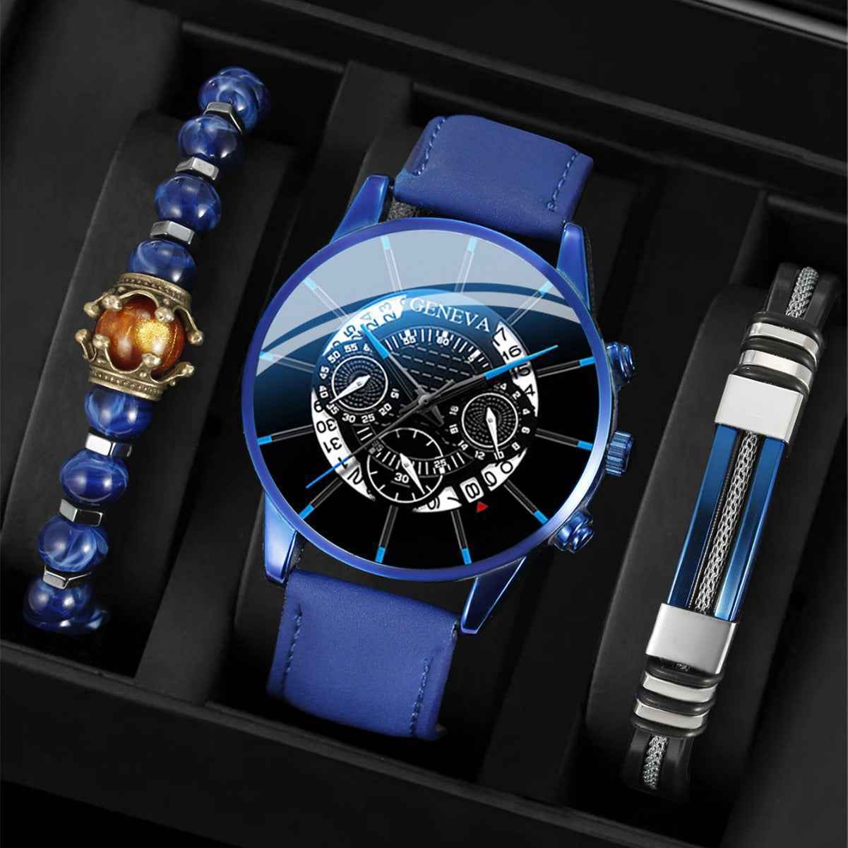 Casual Business Men's Leather Watch with Calendar and Three-Eye Design, Quartz Wristwatch Set