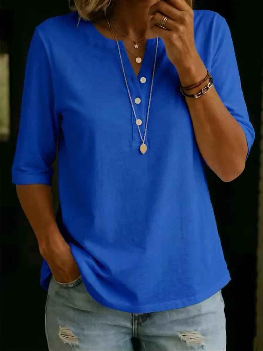 Classic Henley Neck Style Spring Summer New Women's Solid Color Button-Up Top - MODALIFE