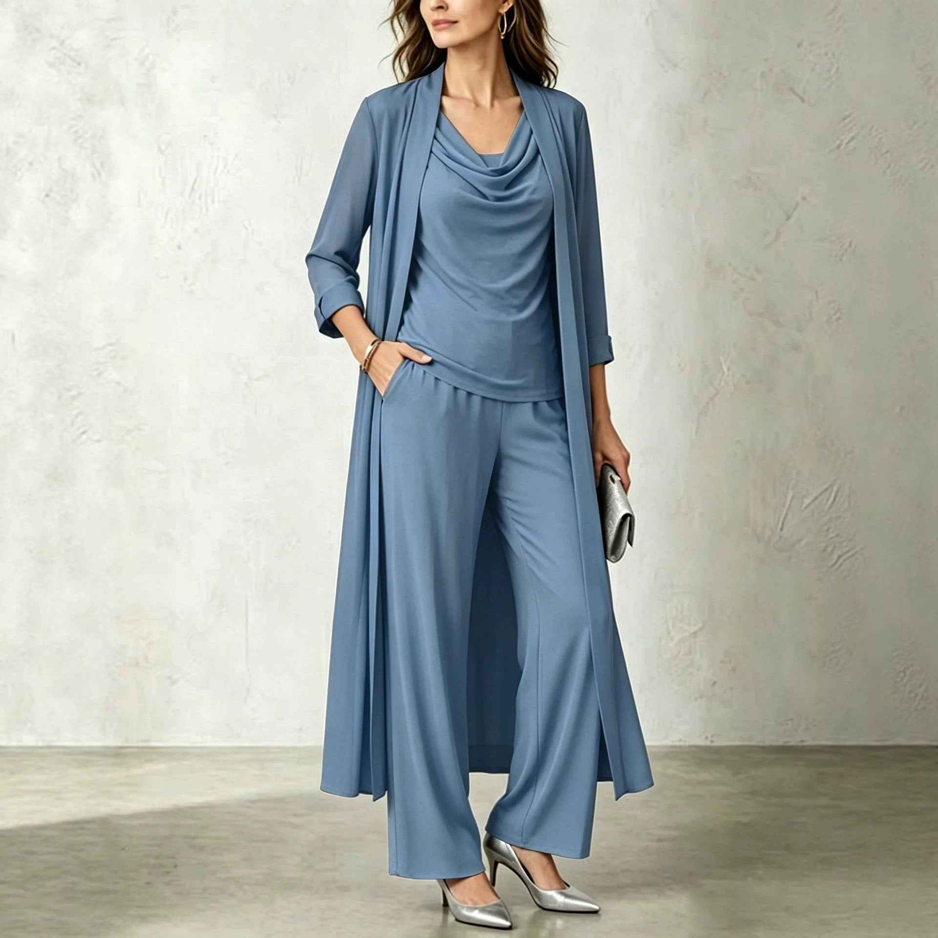 Long sleeved swing collar top long cardigan jacket long pants three piece set - MODALIFE