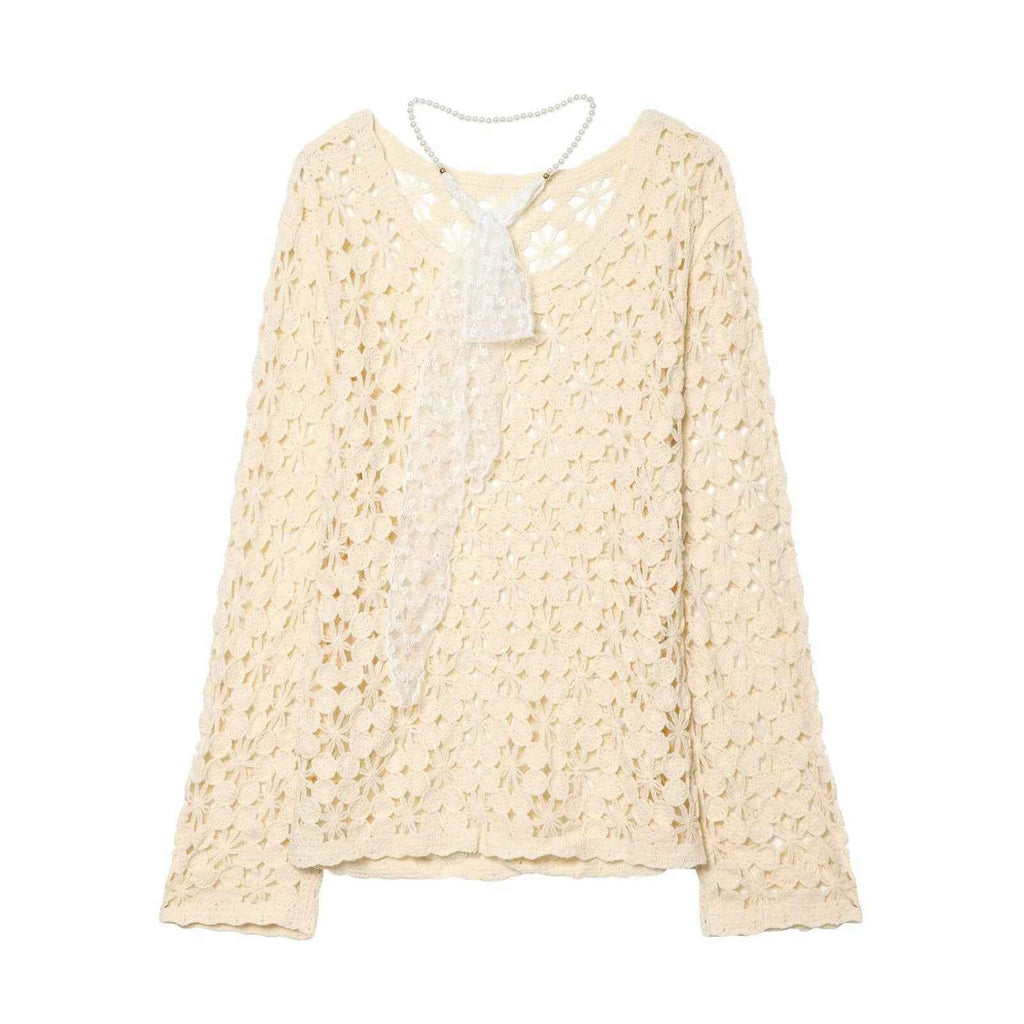Lace embroidered sleeve crochet hollow long sleeved knitted sweater