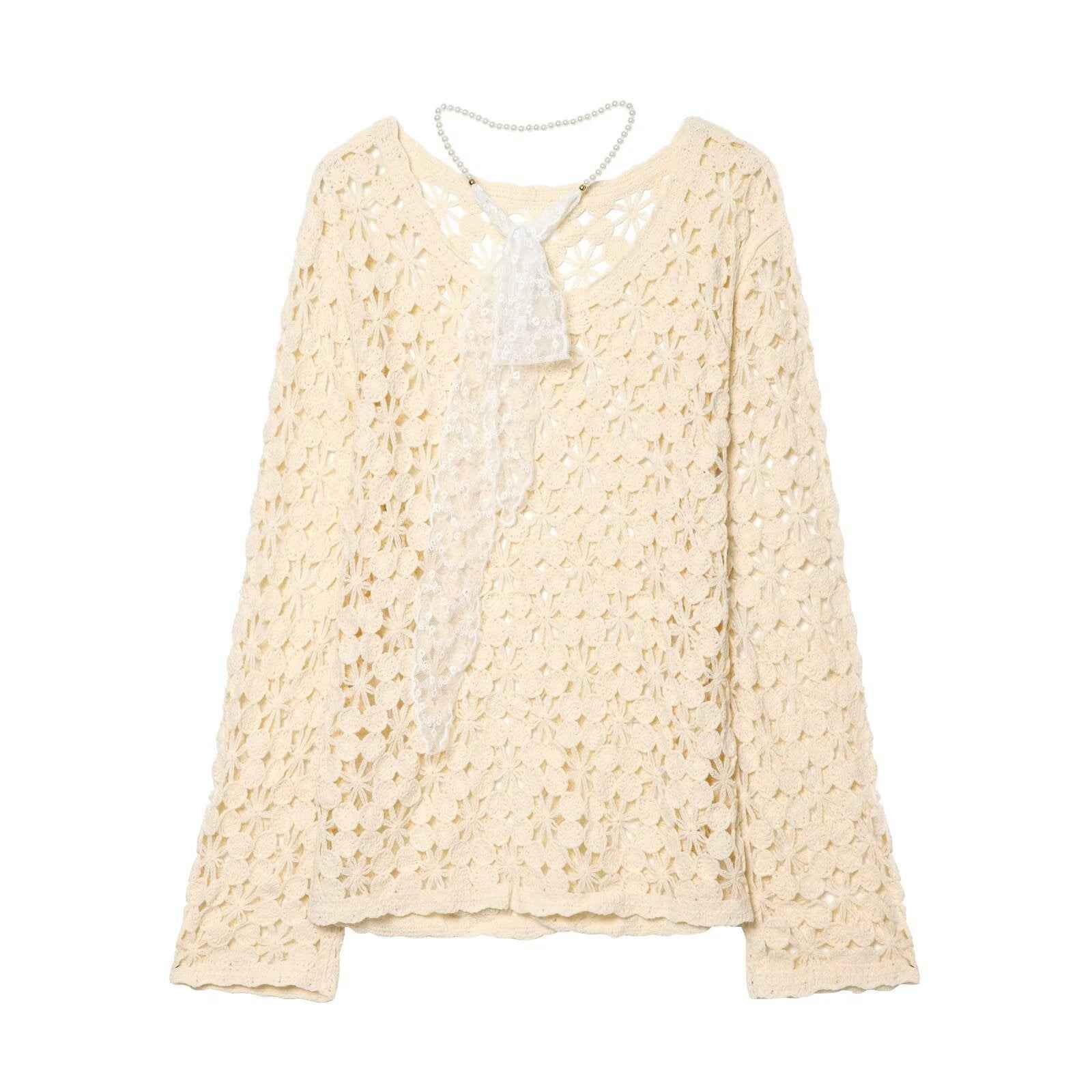 Lace embroidered sleeve crochet hollow long sleeved knitted sweater