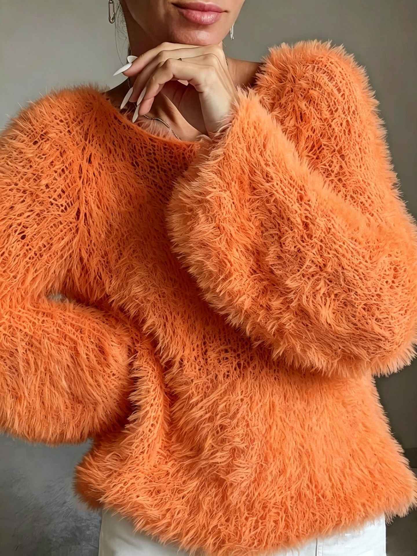 Women's macaron round neck fluffy solid color long sleeved fur top - MODALIFE