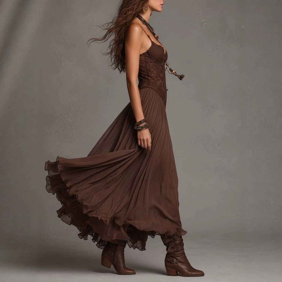 Chiffon Printed Strap Fitted Long Dress, Vintage Flowy Maxi Dress - MODALIFE