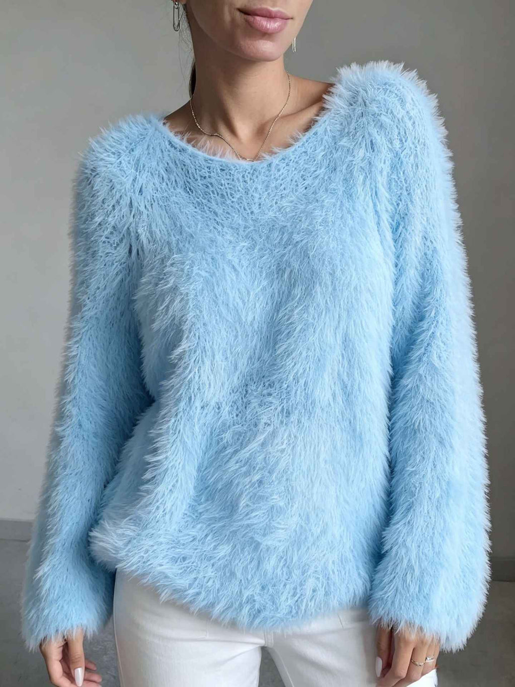 Women's macaron round neck fluffy solid color long sleeved fur top - MODALIFE