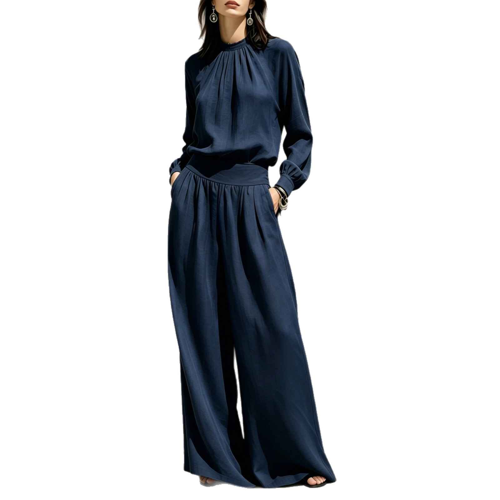 Casual Solid Color Long Sleeve Stand-up Collar Loose Fit Women's Fashion Set BlouseWide-leg Pants - MODALIFE
