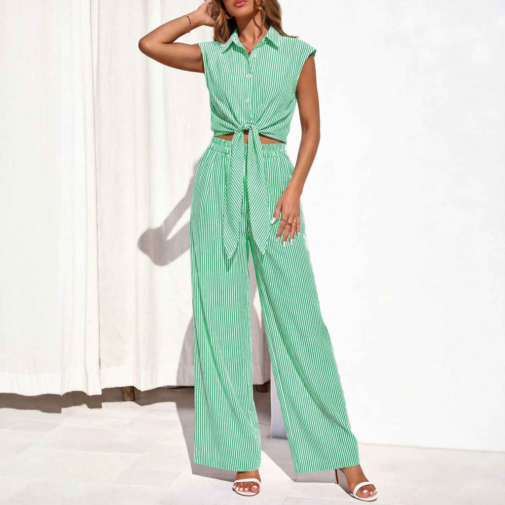 Spring Summer Women's Striped Buttoned Sleeveless Shirt and Pants Set