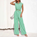 Spring Summer Women's Striped Buttoned Sleeveless Shirt and Pants Set