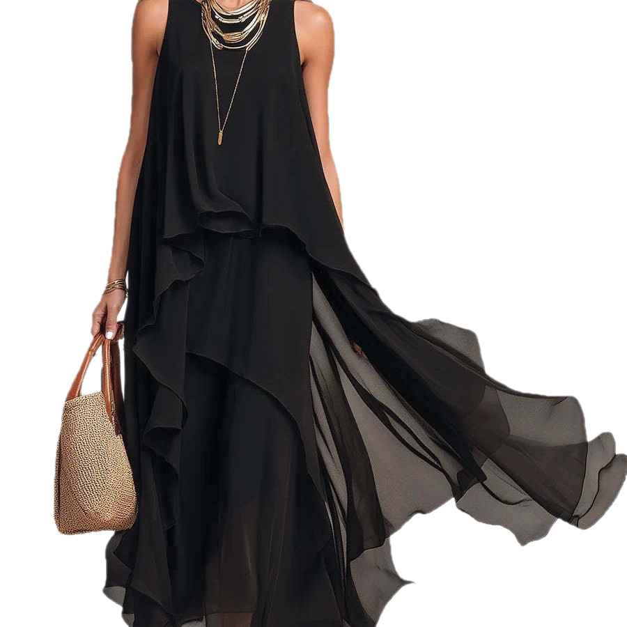 Chic Flowy Black Sleeveless Asymmetrical Chiffon Long Dress - MODALIFE
