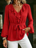 Elegant Women's V-Neck Ruffle Blouse with Tie Waist, Lantern Sleeves Long Sleeve Top - MODALIFE