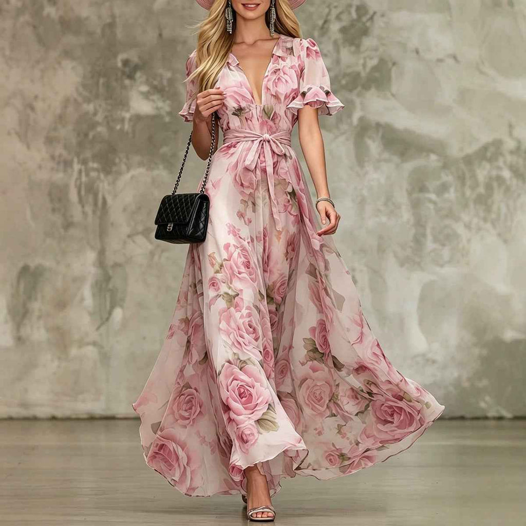Deep V-neck ruffle sleeve printed dress - MODALIFE
