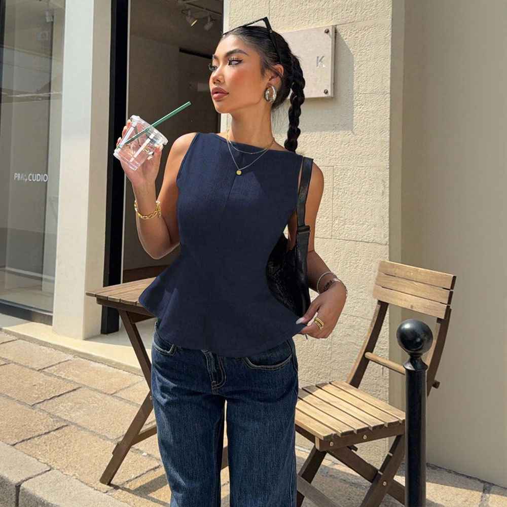 Sleeveless Fitted Top for Women with Ruffle Hem, Backless Bow Tie, Office Casual Versatile Style - MODALIFE
