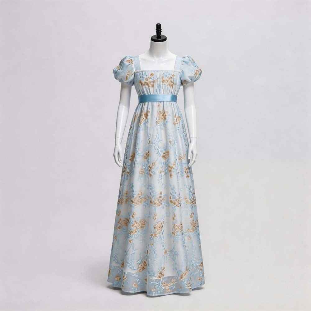 Vintage Empire Dress, Square Neck, Puff Sleeve, Long Cosplay Dress, Regency Style, Bridgerton Tea Dress - MODALIFE
