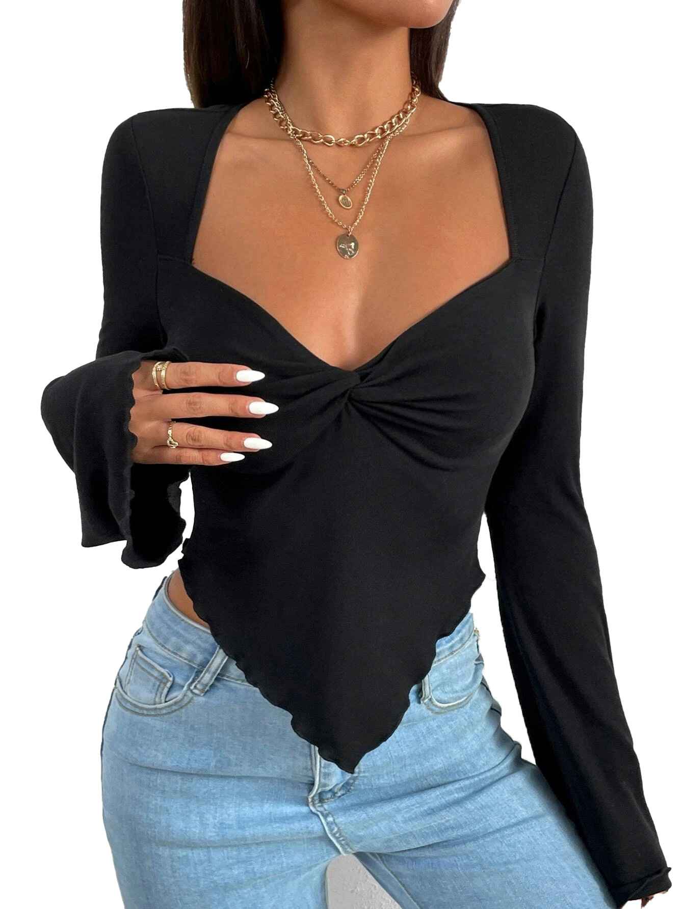 Ladies' elegant style T-shirt for spring and summer new style, slim fit short cut with slanted collar, solid color top - MODALIFE
