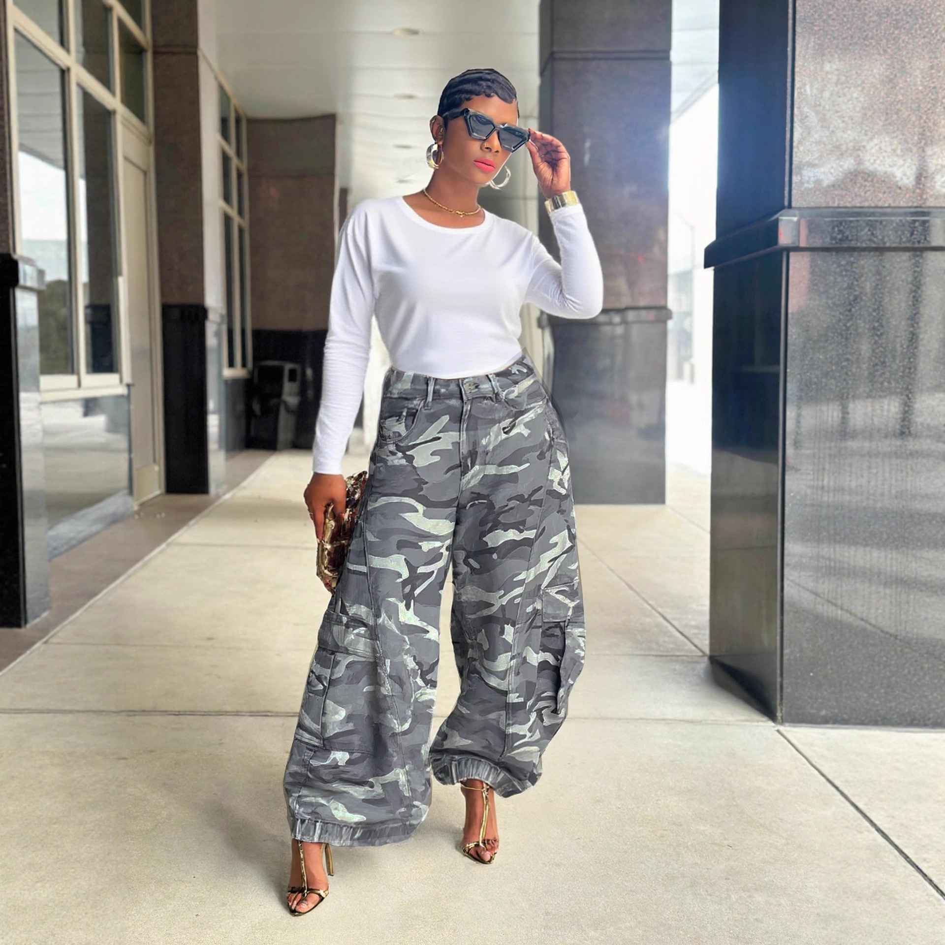 Camouflage Knife-Style Wide-Leg Cargo Jeans - MODALIFE