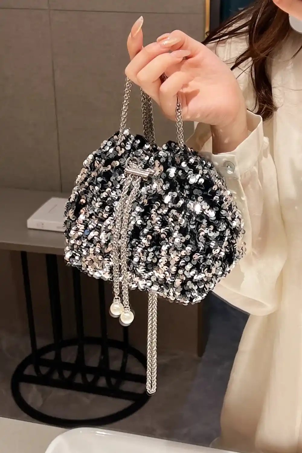 Sequin Chain Drawstring Bucket Bag - MODALIFE