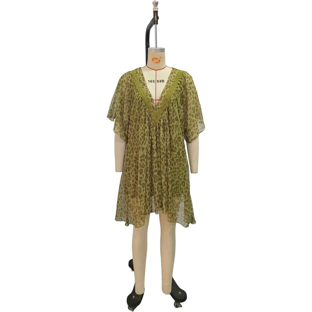 V-neck chiffon dress beach vacation cover shirt leopard print beach skirt - MODALIFE